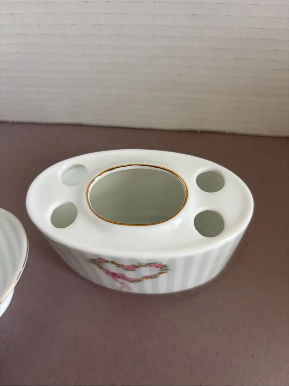 Otagiri Porcelain Heart Floral Vanity Dish and Brush Holder